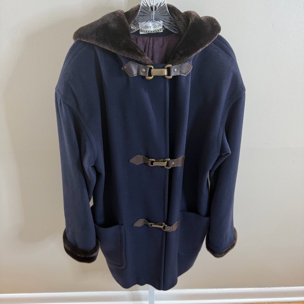 Ashley Scott navy hooded duffle coat faux fur trim wool blend made in usa